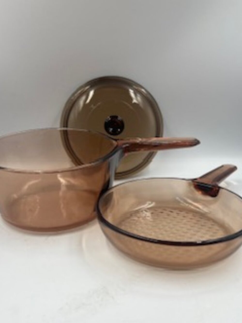Vintage CorningWare Visions Amber Glass Cookware Set of 2 Pans and Lid
